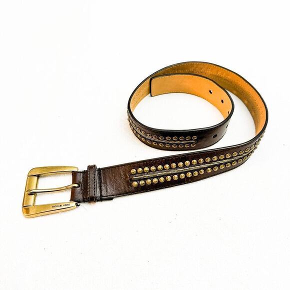 MIchael Kors Studded Brown Leather Belt Brass Accents Size Small - Picture 4 of 7